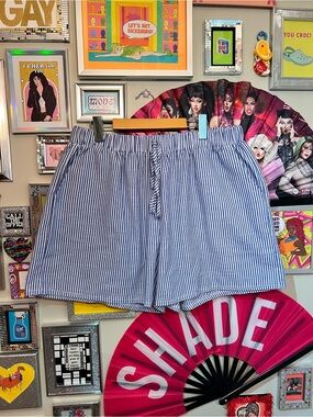 Striped Blue & White Elastic-Waist Women's Shorts